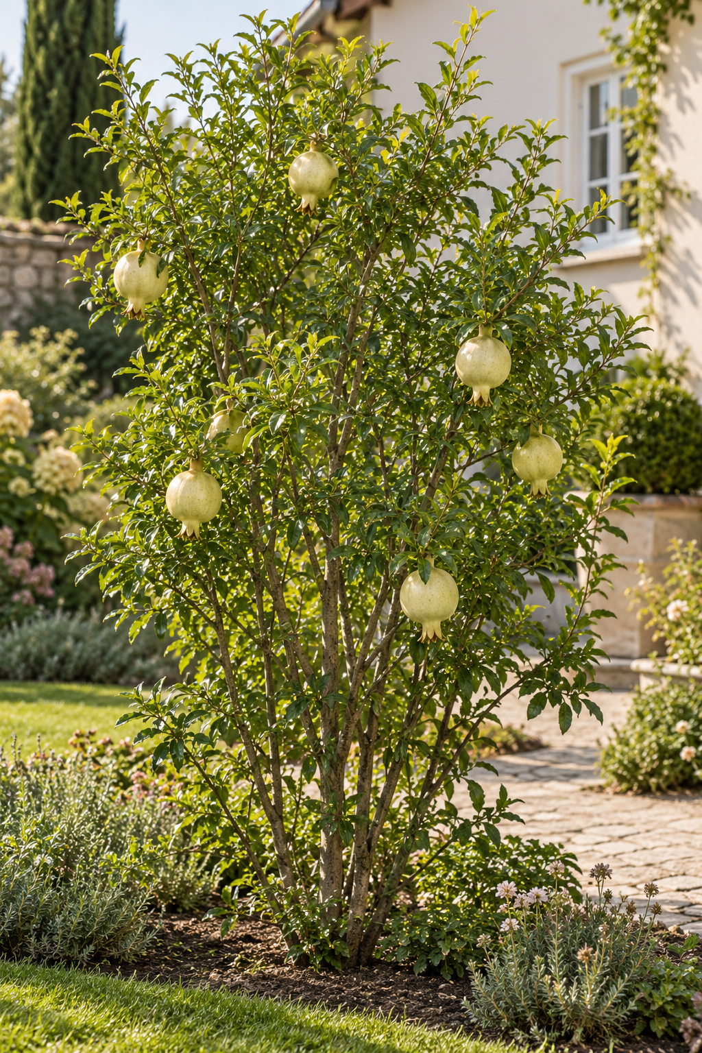Granatapfel ‘Haku Botan’ – Punica granatum – weiß blühender Granatapfelstrauch für Terrasse & Kübel – 40–60 cm inkl. Topf