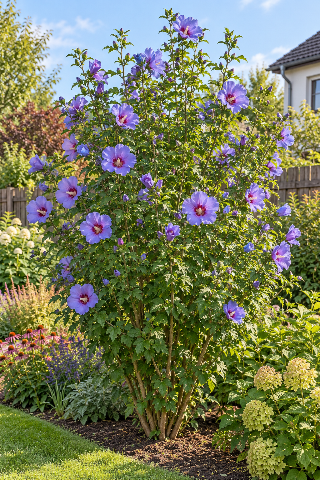 Gartenhibiskus ‘Marina’ – Hibiscus syriacus – winterharter Garteneibisch mit blauen Blüten – 180–250 cm inkl. Topf