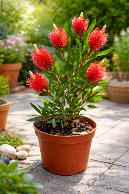 Karminroter Zylinderputzer 40–60 cm – Callistemon laevis Kübelpflanze – Flaschenputzer rot winterhart bedingt mediterrane Balkonpflanze