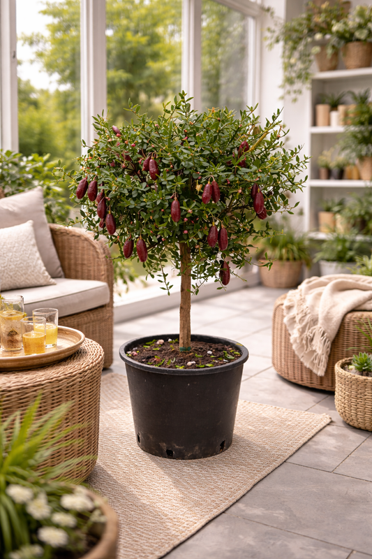 Kaviar-Limette (Microcitrus australasica) – Australische Fingerlimette mit roten Früchten – Exotische Zitruspflanze 70–80 cm inkl. Topf
