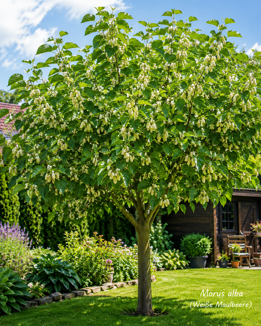 Weiße Maulbeere 50–70 cm (Morus alba) – Winterharter Maulbeerbaum, Obstbaum mit süßen Früchten für Garten & Kübel