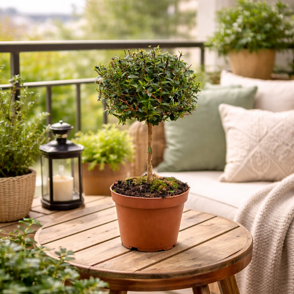 Brautmyrte Stämmchen ca. 50 cm – Echte Myrte (Myrtus communis) – Immergrünes Stämmchen für Balkon & Terrasse