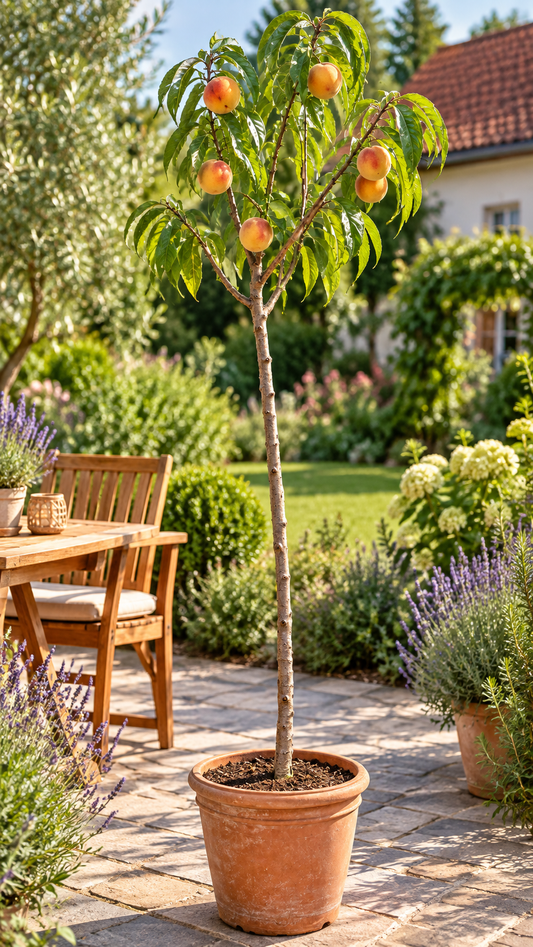 Pfirsichbaum ‘Baby Gold’ – Prunus persica – gelbfleischiger Obstbaum für Garten & großen Kübel – 160–200 cm inkl. Topf