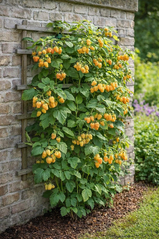 Gelbe HimbGelbe Himbeere ‘Golden Bliss’ 60-70 cm – Rubus idaeus, winterharte Naschhimbeere für Garten, Balkon und Terrasseeere Rubus idaeus 'Golden Bliss' 60-70 cm