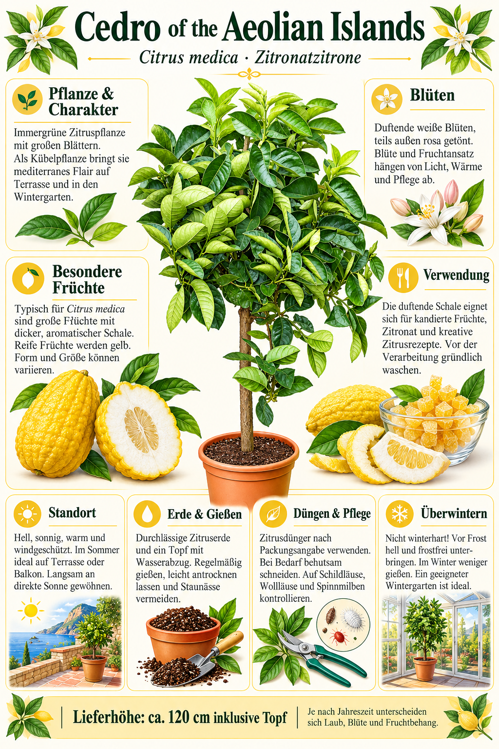 Zitronatzitrone ‘Cedro of the Aeolian Islands’ – Citrus medica, Zitruspflanze für Terrasse & Wintergarten – ca. 120 cm inkl. Topf