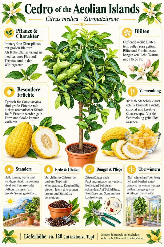 Zitronatzitrone ‘Cedro of the Aeolian Islands’ – Citrus medica, Zitruspflanze für Terrasse & Wintergarten – ca. 120 cm inkl. Topf