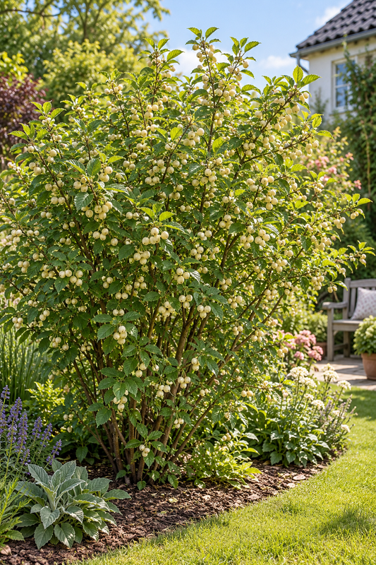 Filzkirsche ‘White Ninja’ – Prunus tomentosa – winterharter Obststrauch mit weißen Kirschen – 40–60 cm inkl. Topf