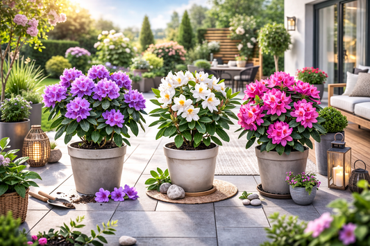 3er-Set Rhododendron / Alpenrose – Lila, Rosa & Weiß – Immergrüne winterharte Gartenpflanzen – Blühsträucher für Beet, Balkon & Kübel – Höhe inkl. Topf 15–20 cm