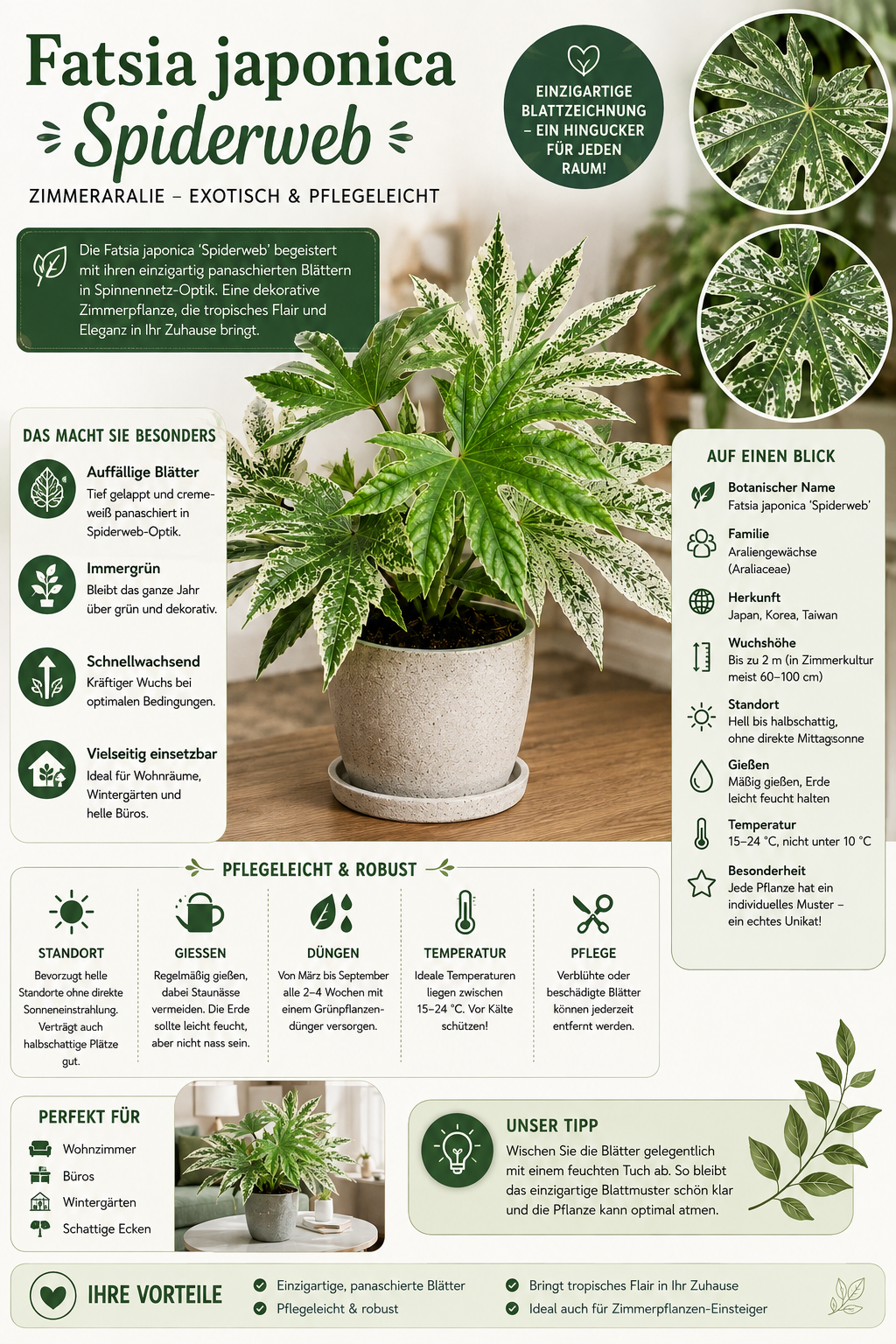 Fatsia japonica Spiderweb - Aralie - Pokojová rostlina - Listnatá rostlina