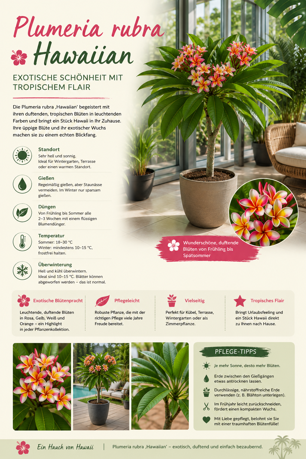 Plumeria rubra Hawaiian ca. 60 cm – Frangipani, Tempelbaum und tropische Duftblume für Wintergarten und Terrasse