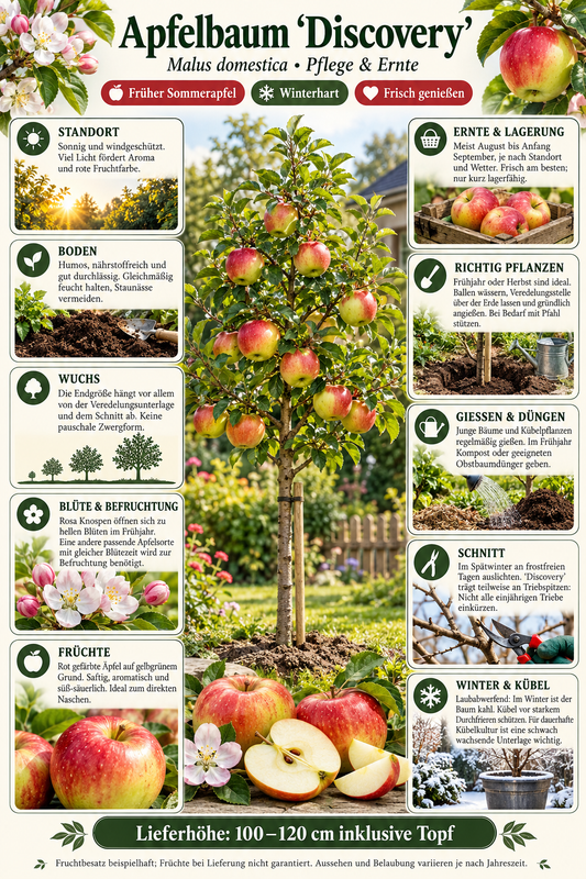 Apfelbaum ‘Discovery’ 100–120 cm – Malus domestica Sommerapfel, früher Tafelapfel mit aromatischen roten Früchten